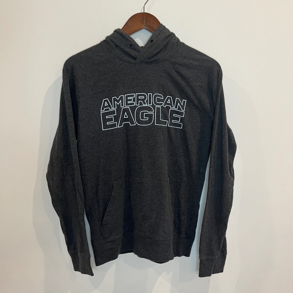 American Eagle Mens XS Charcoal Heather Gray Logo Pullover Hoodie Sweatshirt